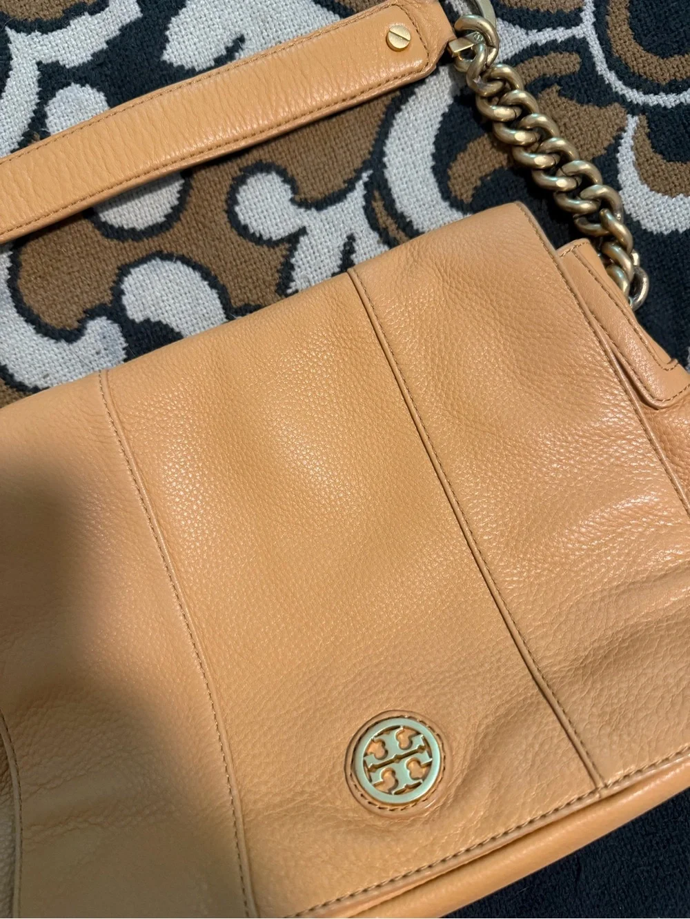 Tory Burch Camel/Tan Pebbled Leather Shoulder Bag with Gold Chain